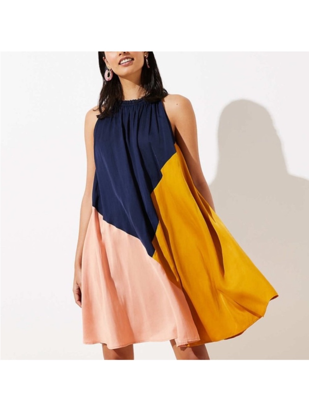 NWT Women’s LOFT Navy/Yellow/Peach Colorblock Silky Sleeveless Dress (16)
